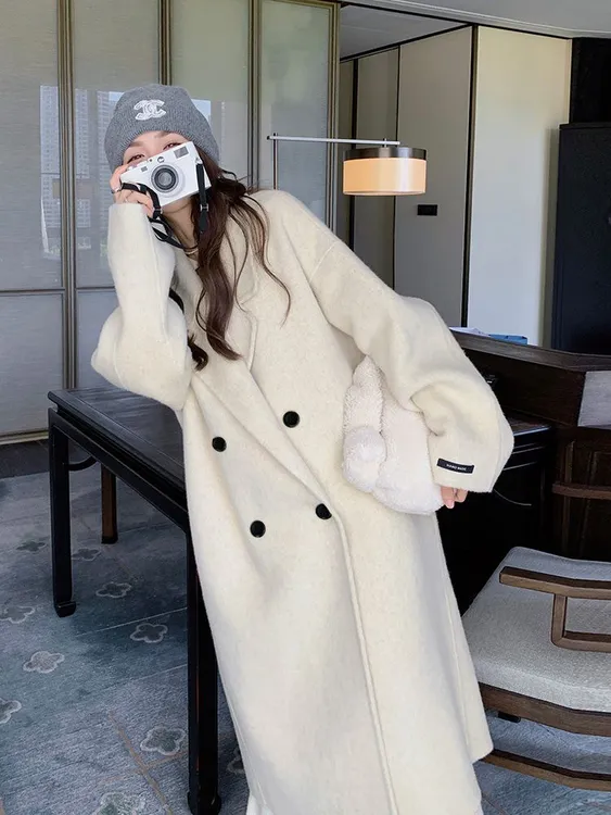 燕麦色双面毛呢大衣2025秋冬新款韩版宽松中长款过膝爆款呢外套女