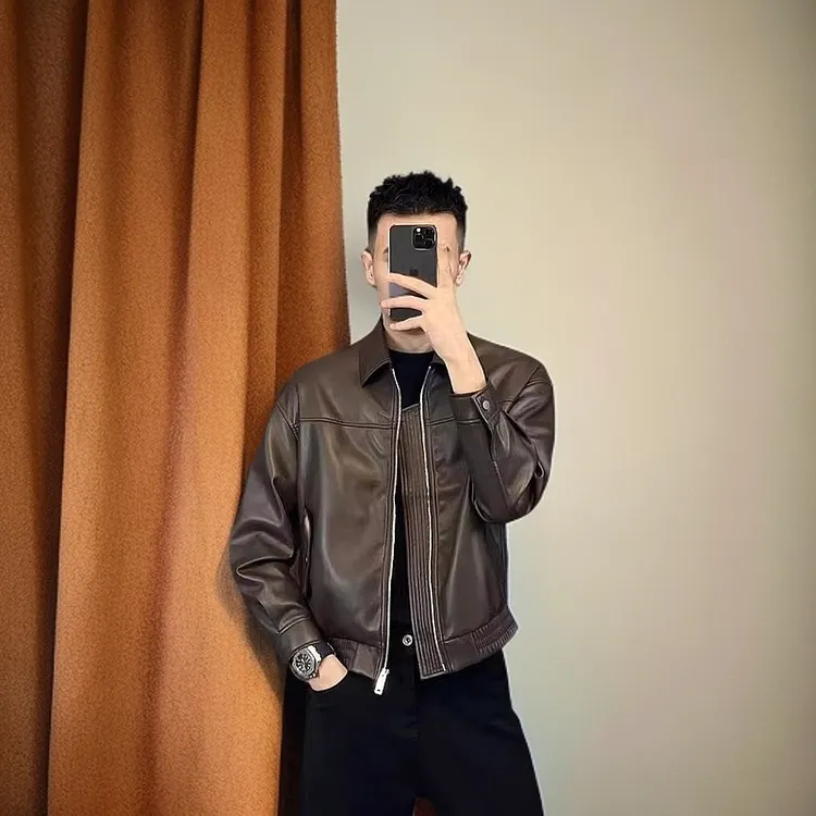 皮衣男士男款短款网红时尚休闲百搭潮流拉链翻领帅气修身机车外套