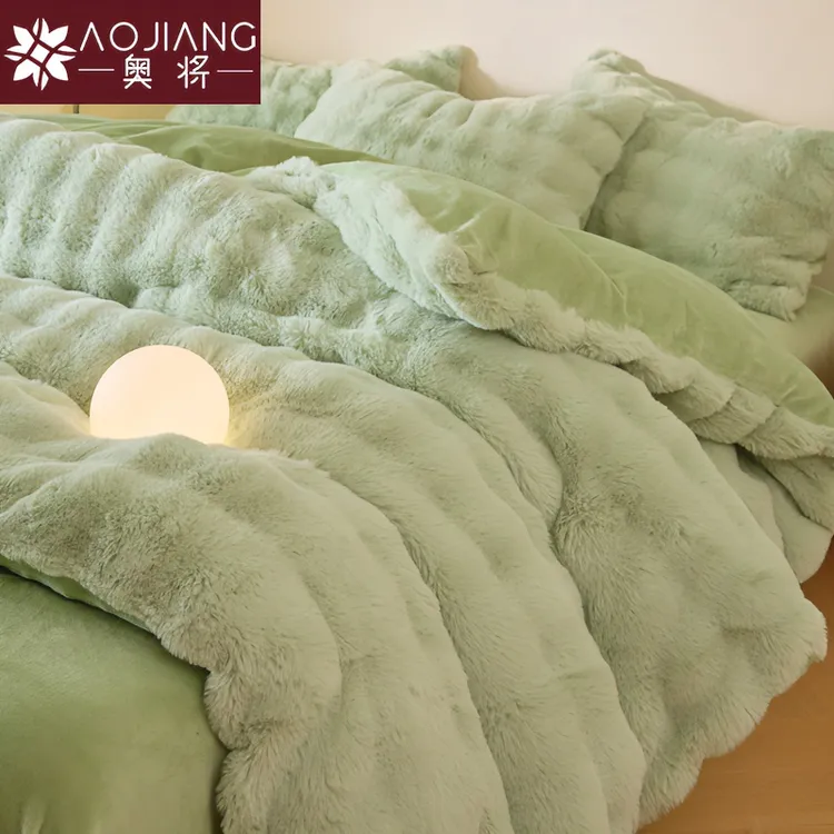 冬季兔兔牛奶绒四件套加厚绒毛毯被套床单保暖珊瑚绒兔毛绒四件套