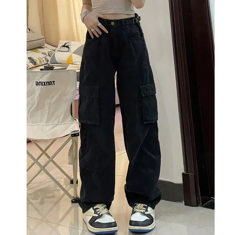美式高街vibe复古可调节黑色工装牛仔裤女大码胖mm宽松直筒阔腿裤