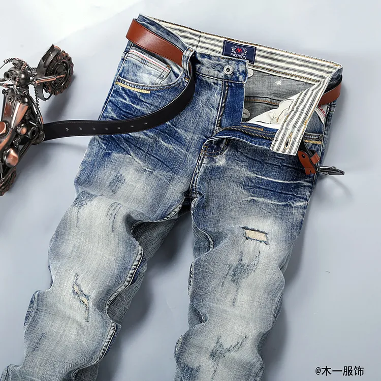 高端水洗弹力复古破洞男牛仔裤子韩版百搭潮流修身直筒男士休闲裤