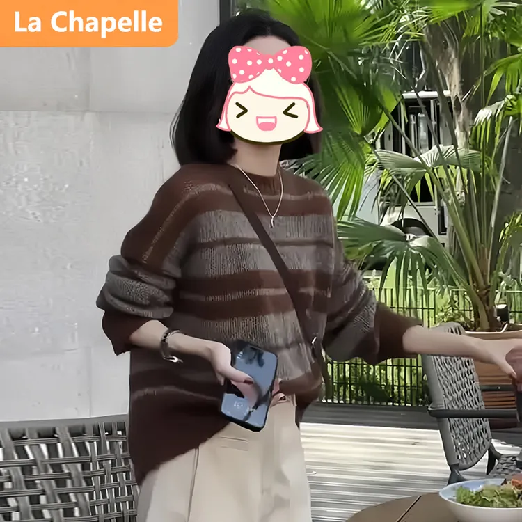 拉夏贝尔高级感撞色复古条纹毛衣女秋冬2024新款宽松慵懒风针织衫