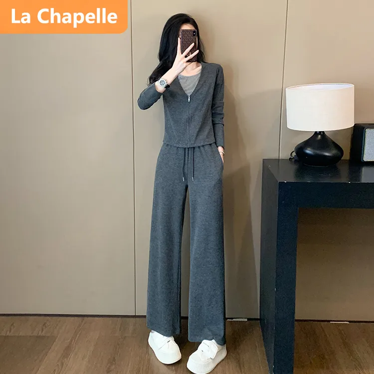 拉夏贝尔韩版气质休闲时尚套装女秋季减龄舒适假两件上衣阔腿裤套