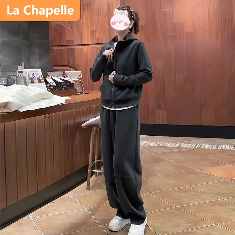 拉夏贝尔个性休闲运动风时尚灰色套装女秋冬季2025新款双11好物