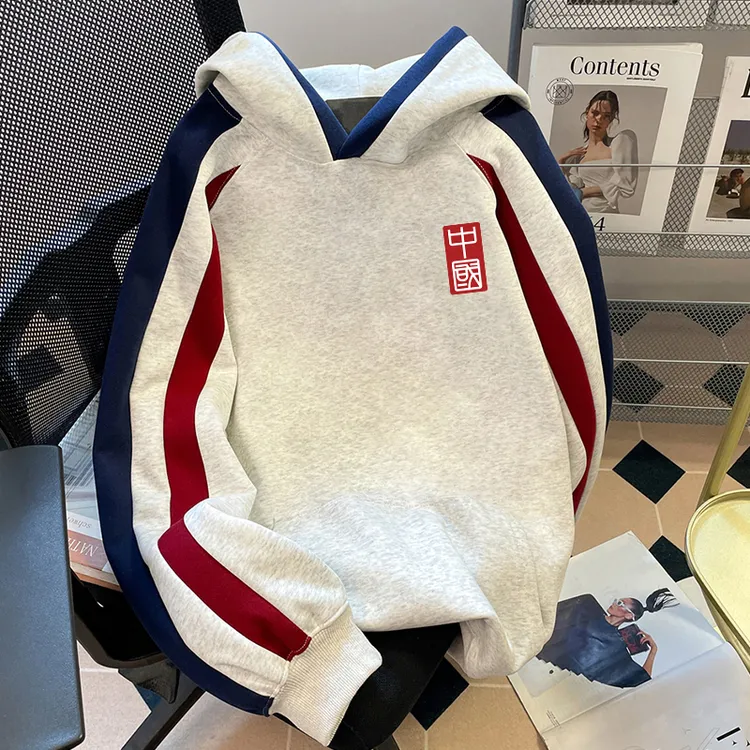 高级感纯棉重磅连帽卫衣男撞色拼接秋冬穿搭宽松加绒加厚外套上衣