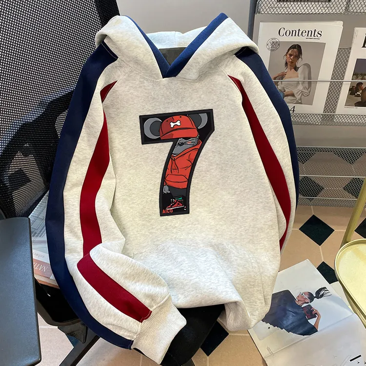 高级感帅气超火印花纯棉连帽卫衣男装秋冬季插肩袖加绒款外套上衣