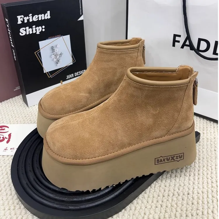 磨砂皮厚底小短靴女2025秋冬新款小个子增高舒适百搭高帮鞋松糕鞋