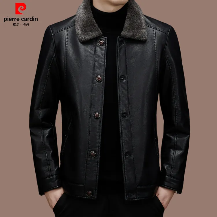 皮尔卡丹 品牌男装皮衣外套冬季加绒加厚高档休闲皮夹克上衣百搭