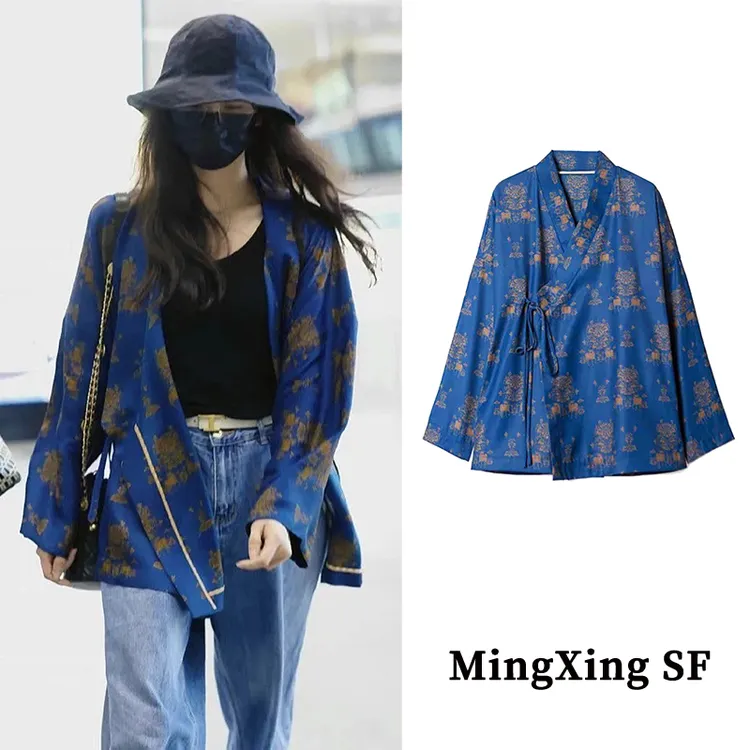 刘诗诗明星同款新中式蓝色衬衫外套女2024新款高级感宽松长袖上衣