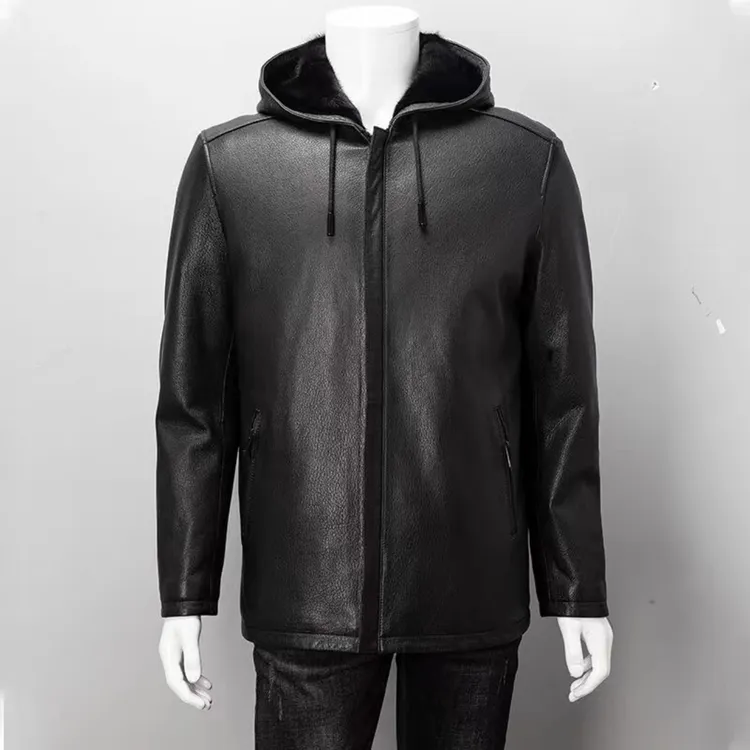 男士鹿皮水貂内胆休闲简约连帽冬季款