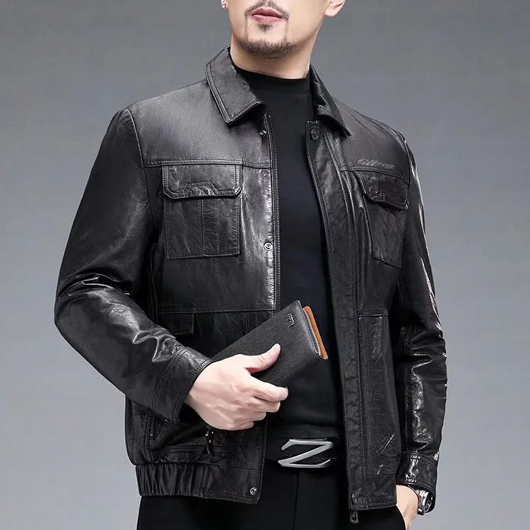 真皮牛皮油蜡春秋款时尚潮款紧身短款平领休闲夹克翻领男士秋季