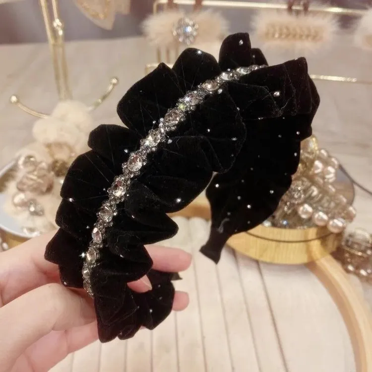 新款黑天鹅高级丝绒发箍黑色女复古褶皱高颅法式网红轻奢百搭