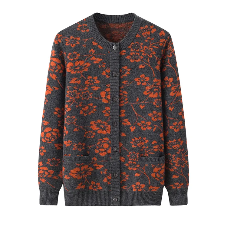 秋冬新款大码中老年妈妈装羊毛衫女提花加厚圆领毛衣针织开衫外套