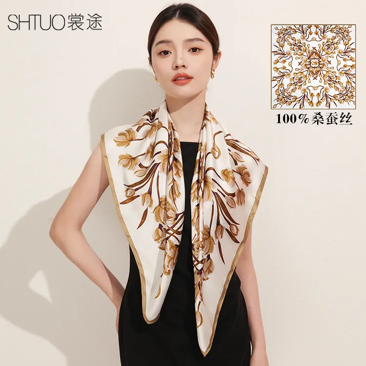 裳途国风新中式春秋真丝方巾女100%桑蚕丝送妈妈围巾披肩外搭气质