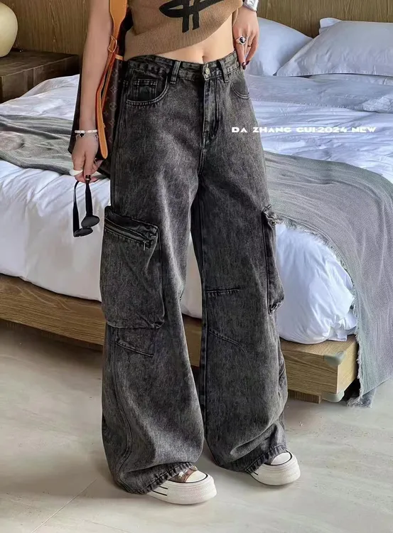 辣妹风2024秋季高腰做旧水洗牛仔裤慵懒大口袋工装阔腿裤拖地裤