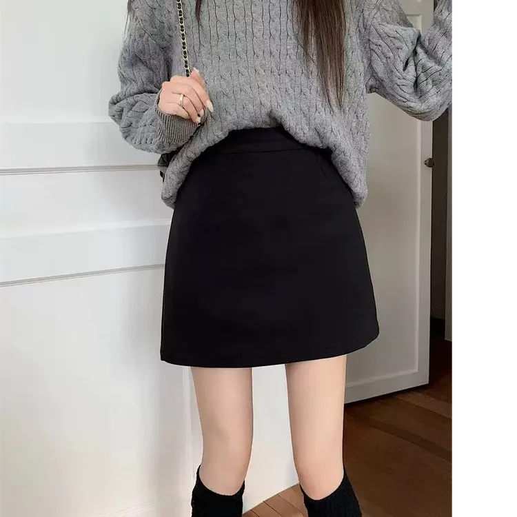 黑色毛呢半身裙女秋冬2025新款A字半裙小个子高腰加厚包臀短裙子