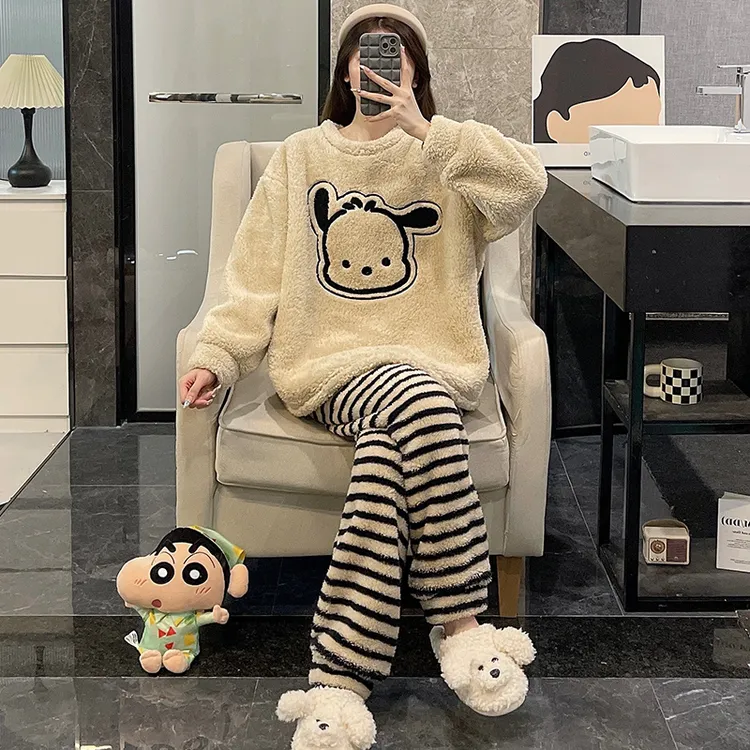 珊瑚绒睡衣女秋冬季2023新款大码可外穿卡通狗法兰绒春家居服套装