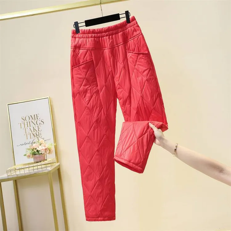 女冬季新款高腰轻薄丝绵保暖菱形图案时尚休闲哈伦棉裤显瘦羽绒裤