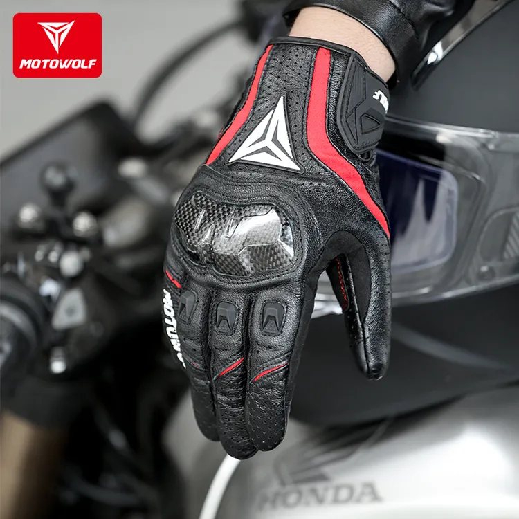 摩多狼摩托车手套羊皮四季真皮透气碳纤维壳防摔真皮机车防风触屏