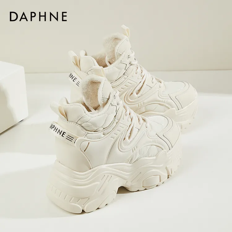 达芙妮白色厚底老爹鞋女内增高女鞋爆款高帮鞋秋冬鞋子加绒二棉鞋