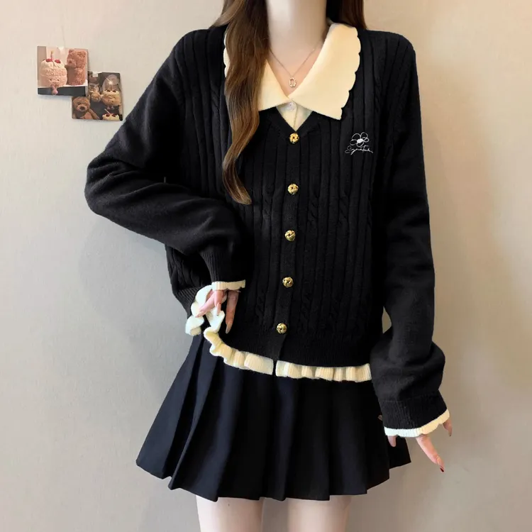 大码女装假两件针织衫宽松毛衣春秋季2025新款拼接设计上衣1960