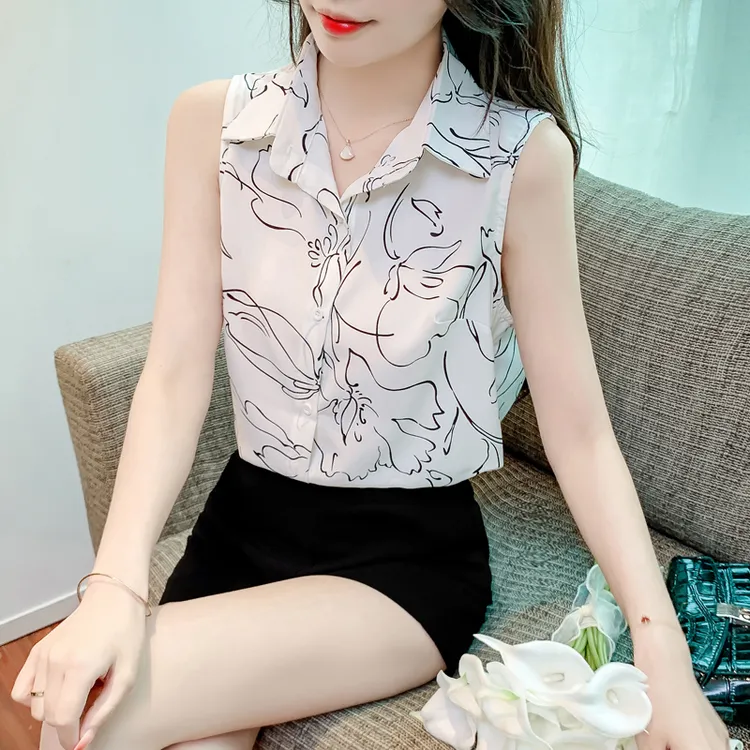 碎花衬衫女2024年新款夏季设计感小众遮肚子显瘦气质雪纺无袖上衣
