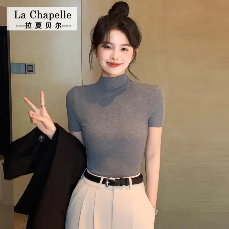拉夏贝尔螺纹半高领短袖t恤女夏中领半袖上衣纯色内搭女打底衫
