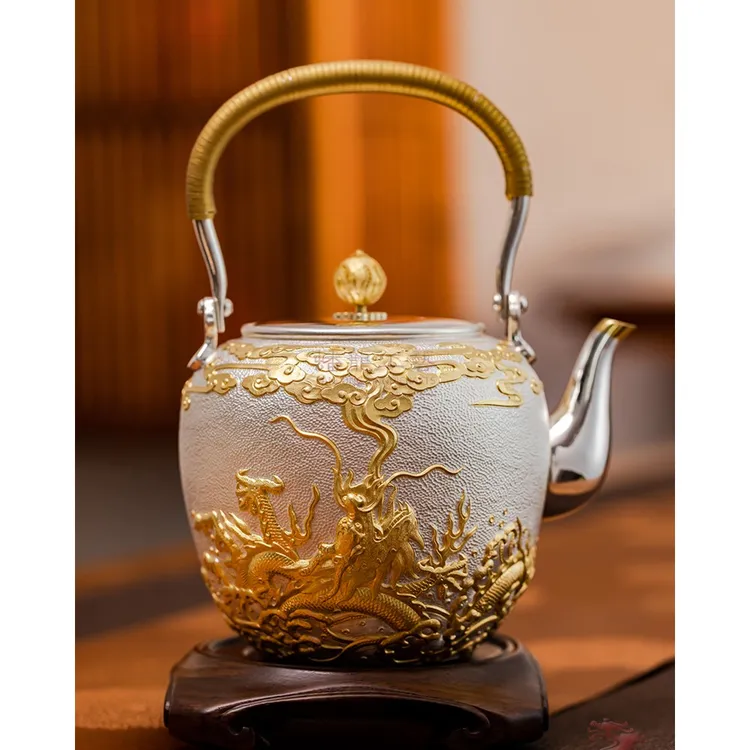 龙啸天   银茶具套装  纯手工  龙纹  镀金