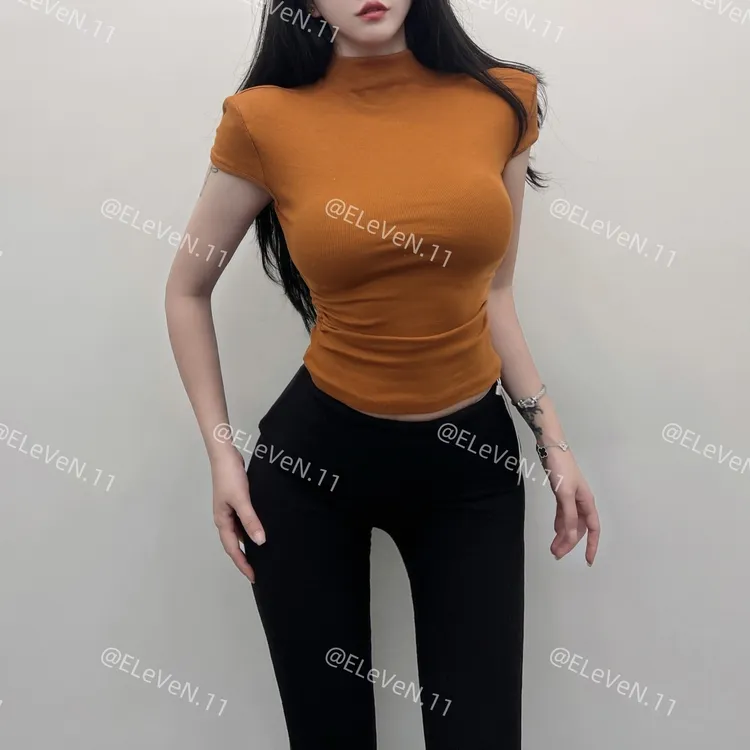 11655-显身材辣妹垫肩短袖T恤女半高领上衣紧身短款打底衫纯色