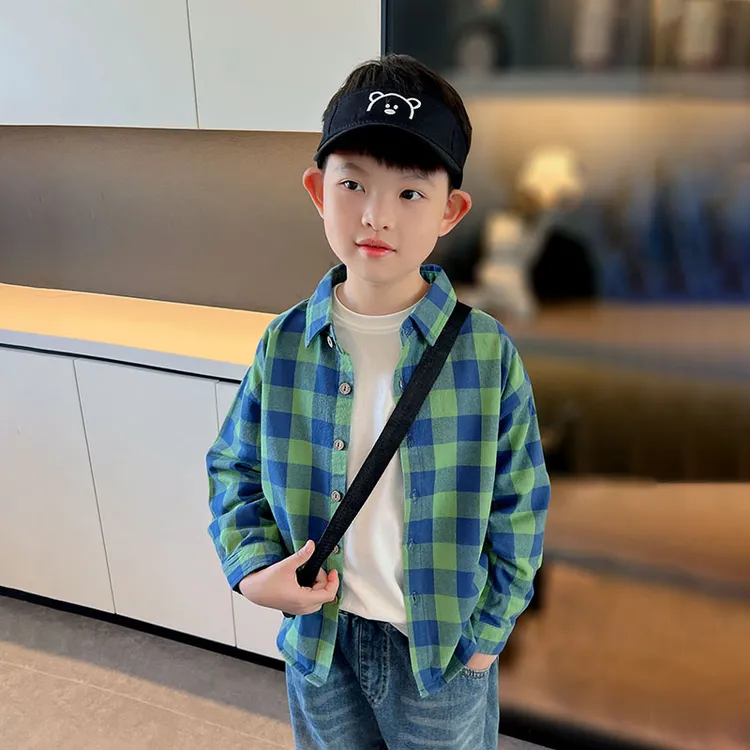 儿童春装男童格子衬衣洋气2025新款中大童纯棉薄开衫男孩长袖衬衫