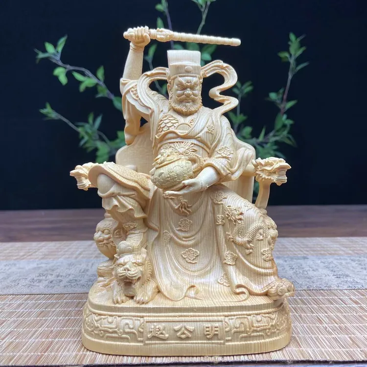 桧木雕刻神尊龙椅骑虎赵公明摆件五路财神武财神像家居客厅工艺品