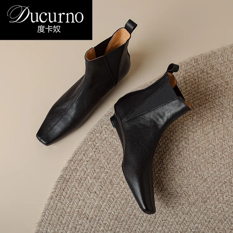 DUCURNO度卡奴 里外头层皮裸靴2024秋英伦高跟短靴瘦瘦靴切尔西靴