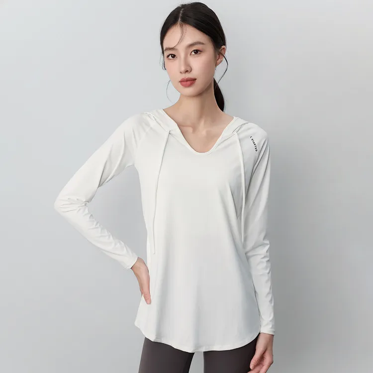 高级感健身服上衣女中长款遮胯显瘦运动上衣连帽长袖跑步瑜伽t恤