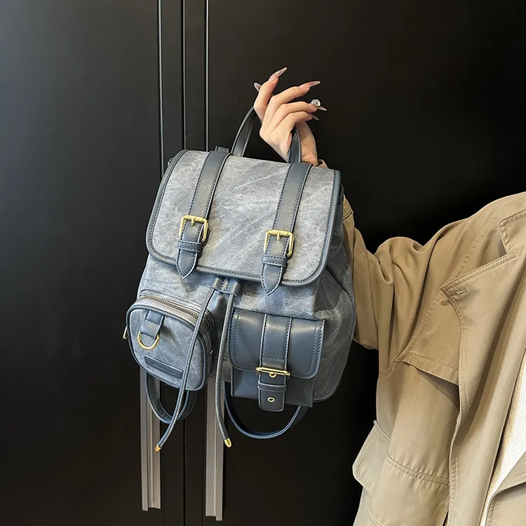 休闲通勤大容量女式双肩包2025新款牛仔布百搭后背包出游旅行书包