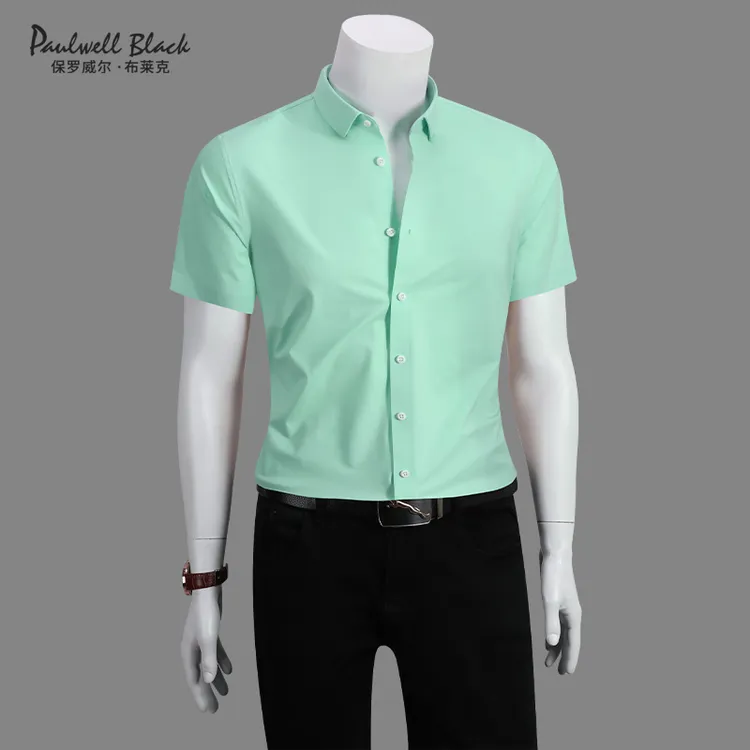 保罗轻奢男装高端衬衫男款夏季纯色高级感免烫商务男士短袖衬衫衣