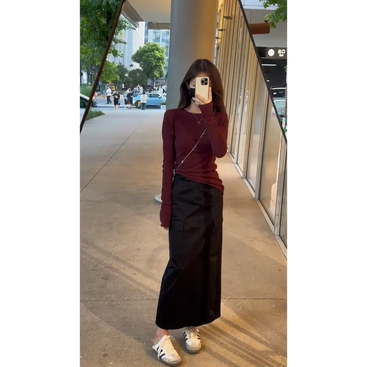韩系ins简约气质一整套女2025春季修身显瘦t恤衫后开叉高腰半身裙