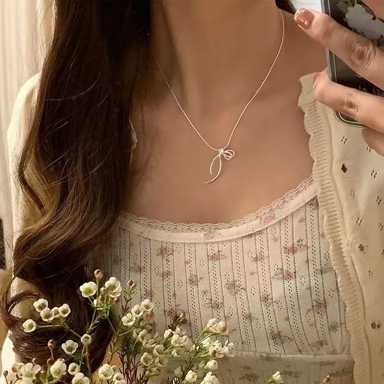 坠链均925银 925纯银蝴蝶结项链纯银项链蝴蝶结项链项链银项链女