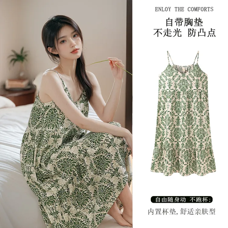 绿野仙踪带胸垫吊带睡裙女夏季中长款高级复古碎花连衣裙子家居服
