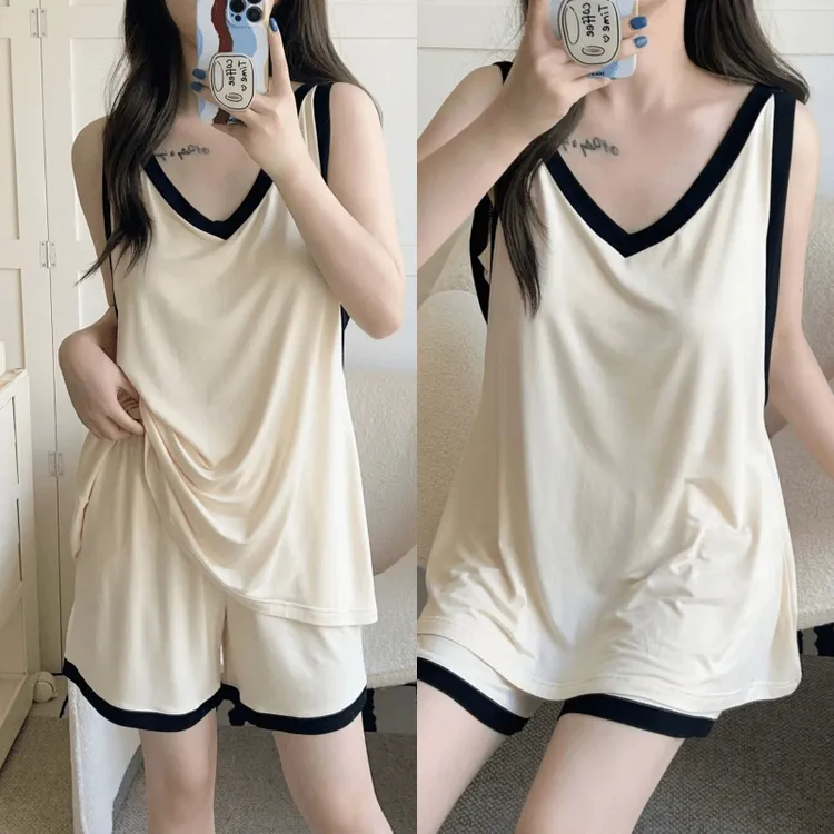 冰凉感拼色背心带胸垫睡衣女夏季薄款可外穿洋气高级感家居服套装