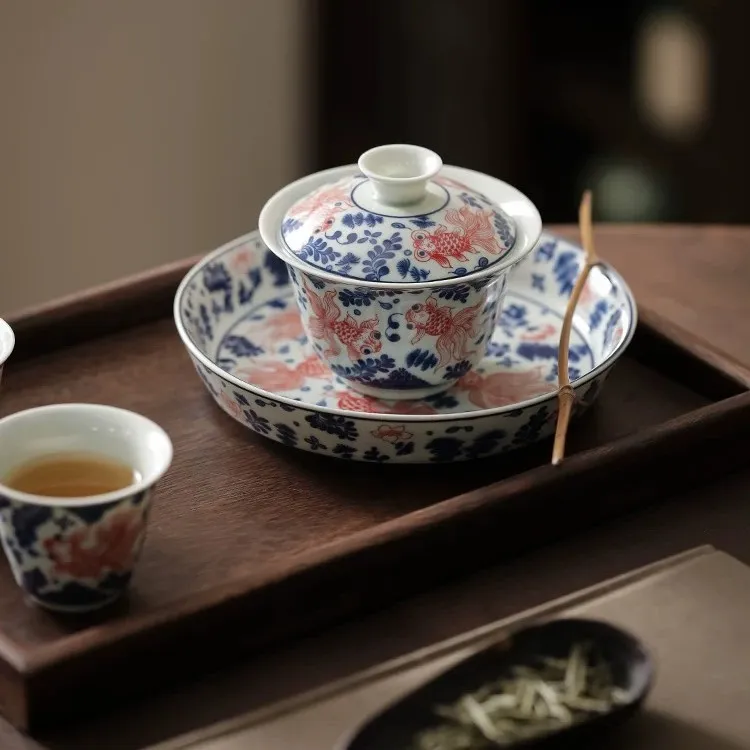 复古陶瓷三才盖碗套组鱼藻纹泡茶碗高档釉里红中式功夫茶具