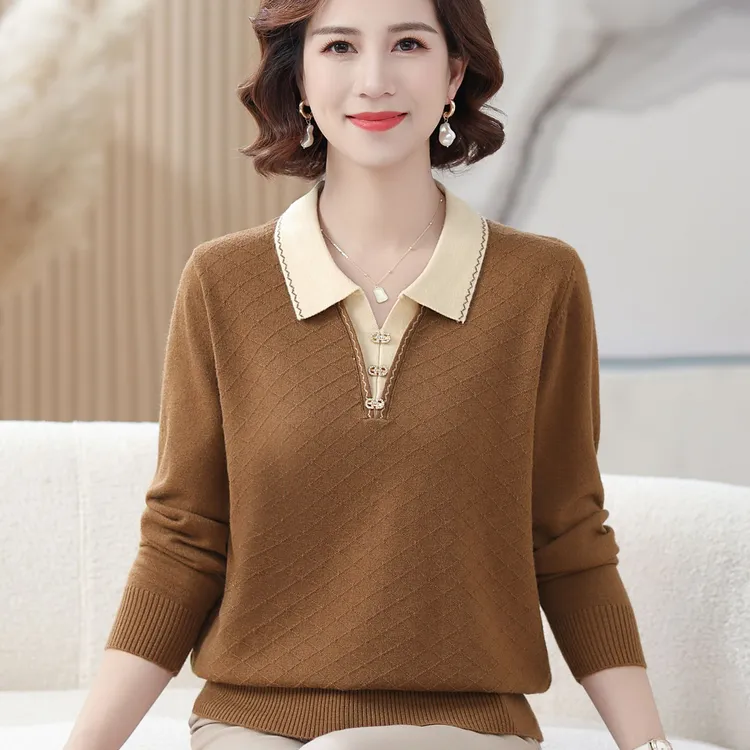 2024新款妈妈秋装时尚翻领针织衫上衣中老年女装百搭毛衣打底衫