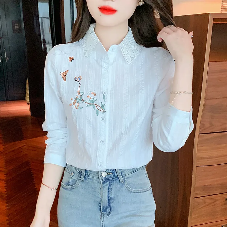 蕾丝拼接polo领棉衬衫2025春季新款长袖百搭洋气法式衬衣女上衣