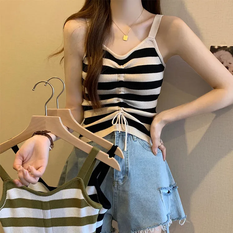 法式复古条纹针织吊带小背心女夏外穿显瘦修身设计感打底抽绳上衣