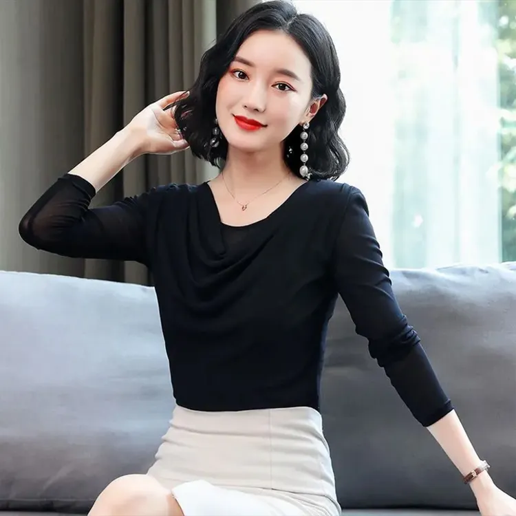 【C魅甄选】A165网纱上衣女长袖2025新款秋冬时尚气质百搭堆堆领t恤