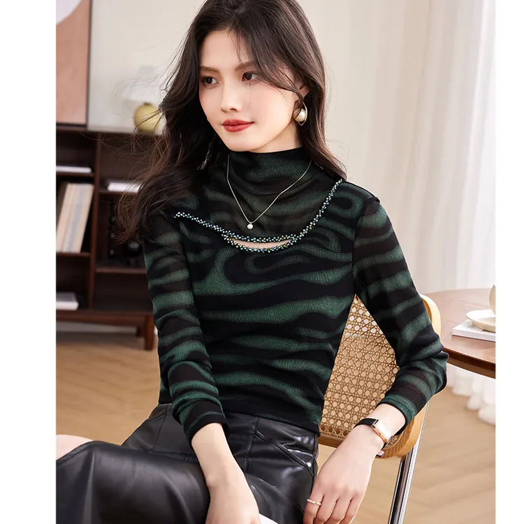 半高领豹纹打底衫女2025新款春款修身显瘦弹力斑纹上衣秋冬装百搭