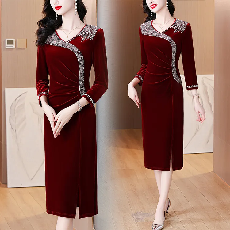 喜婆婆婚宴装丝绒2025秋冬加绒妈妈结婚礼服高贵气质丈母娘连衣裙