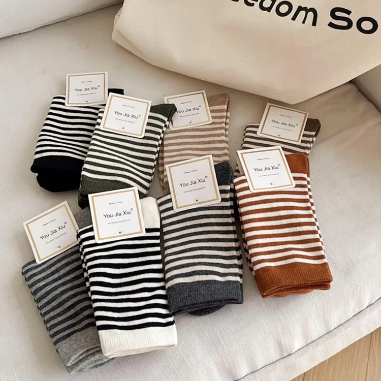 纯棉条纹中筒袜纯棉长筒袜新款春秋季堆堆袜短款袜子100%全棉