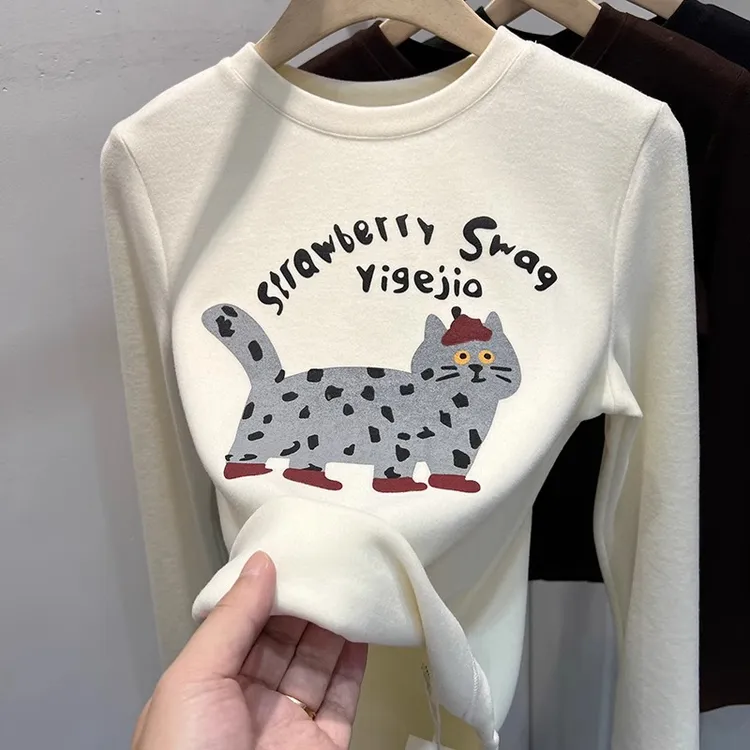 心动码住了！新款软糯双面磨毛德绒长袖T恤女洋气猫咪印花打底衫冬