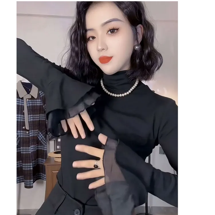 66蛇骨纹爆款气质时尚修身喇叭袖设计女神范修身高领设计打底衫潮