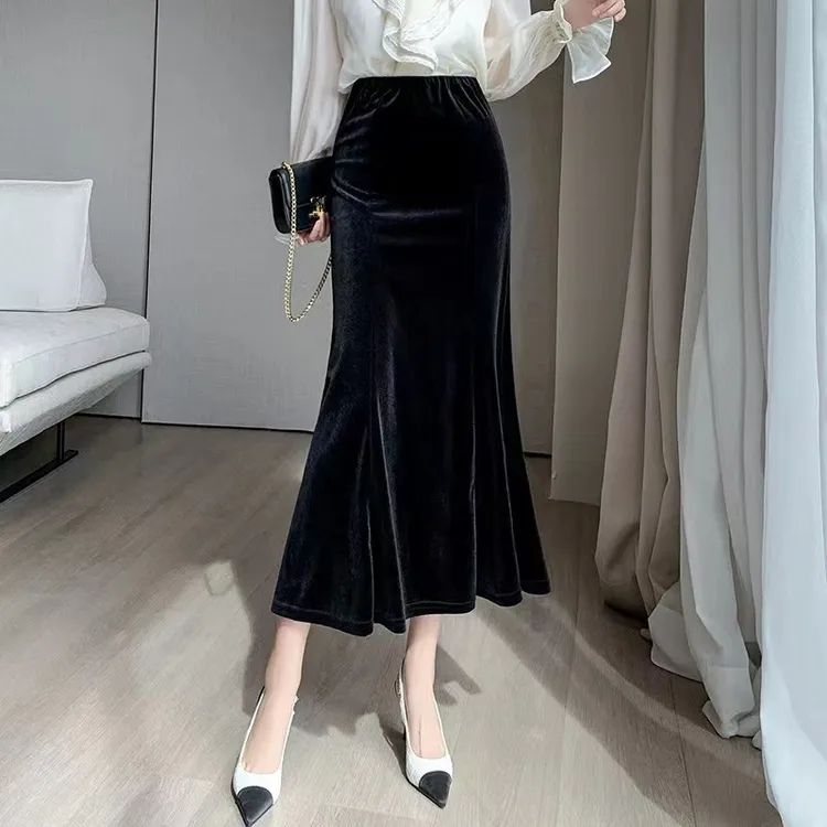 金丝绒鱼尾裙女2024新款韩版时尚垂坠感包臀裙高腰显瘦半身裙拼接